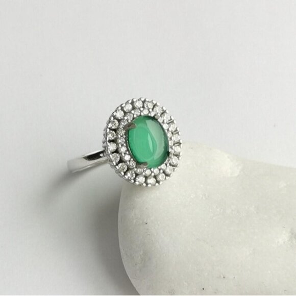 Green Chalcedony CZ Halo ring sterling silver size 9 - Picture 3 of 7